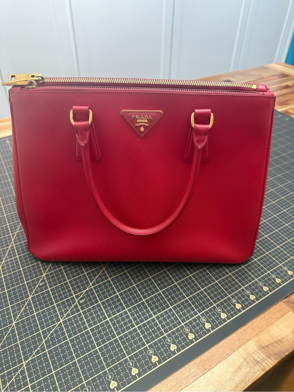 Prada Red Saffiano Leather Satchel with Gold Hardware